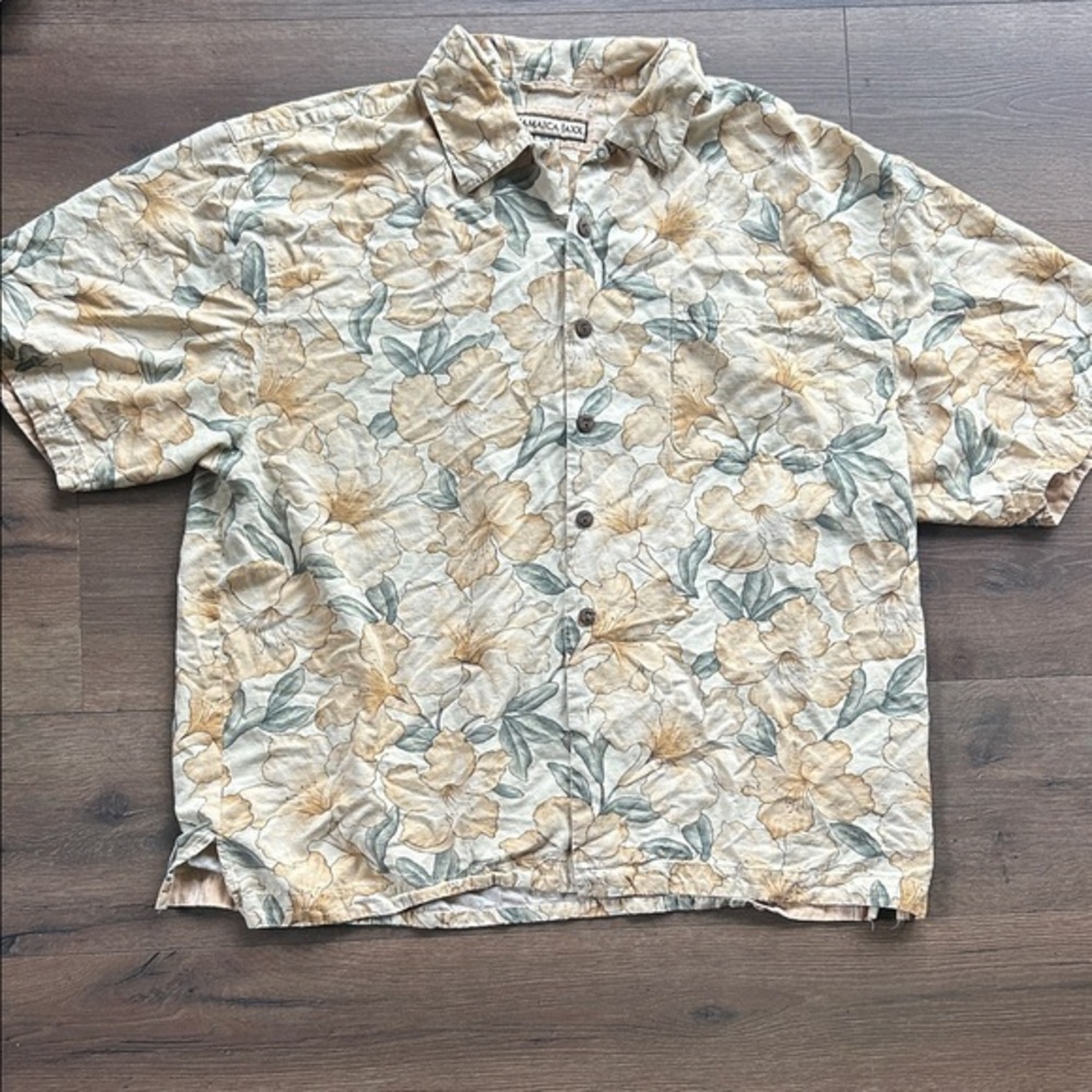 Jamaica Jaxx Silk Beige and Green Floral Short Sleeve Button-Down Shirt !! XL